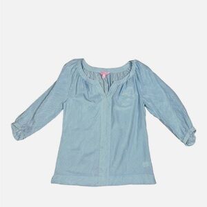 Lilly Pulitzer Women Blouse 100% Silk Blue White Striped Top size M Pearl Button